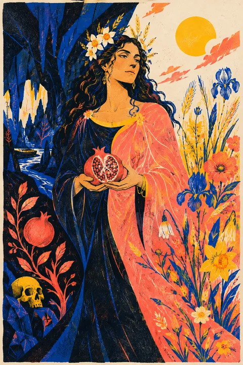 Risograph interpretation of Persephone with a pomegranate and spring flowers beside a cavern.