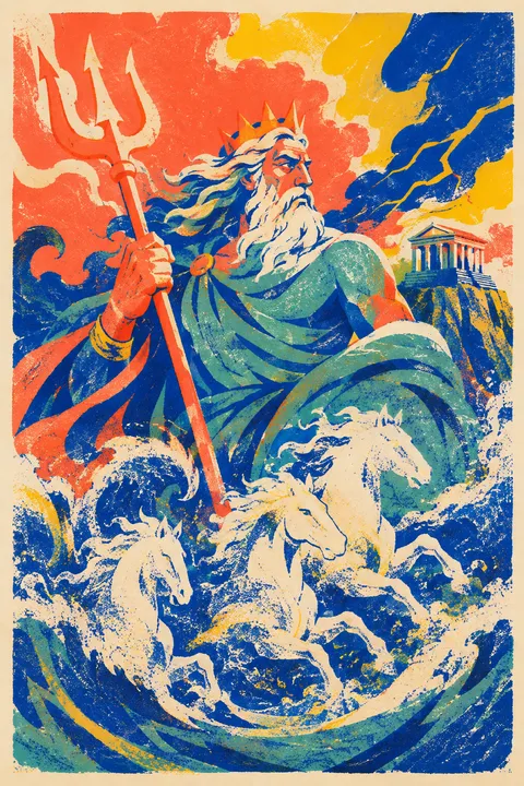 Risograph interpretation of Poseidon with a trident, breaking waves and sea-foam horses.
