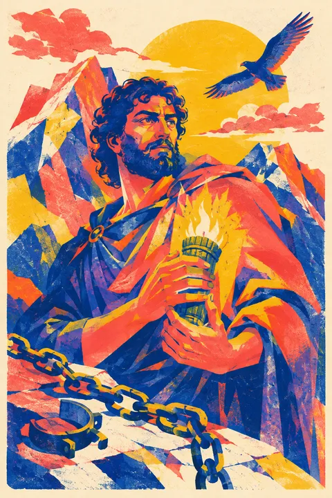 Risograph interpretation of Prometheus with a fennel stalk carrying fire and a mountain chain.