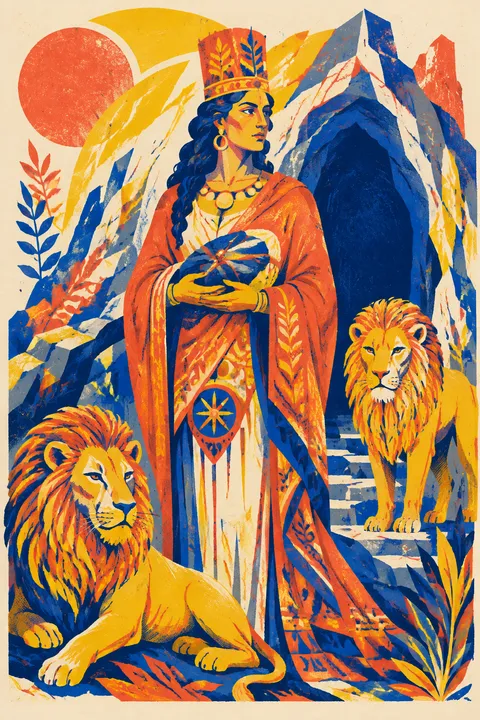 Risograph interpretation of Rhea with lions, a mountain cave and a wrapped stone.