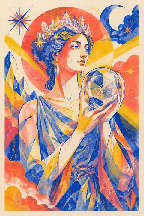 Risograph interpretation of Theia with crystals, gold veins and refracted celestial light.