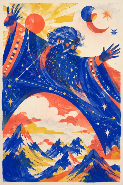 Risograph interpretation of Uranus with a starry celestial dome above mountains.