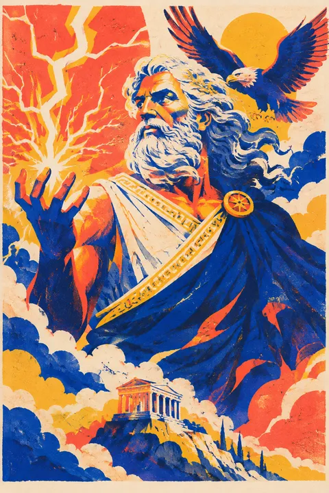 Risograph interpretation of Zeus with an eagle and branching lightning.