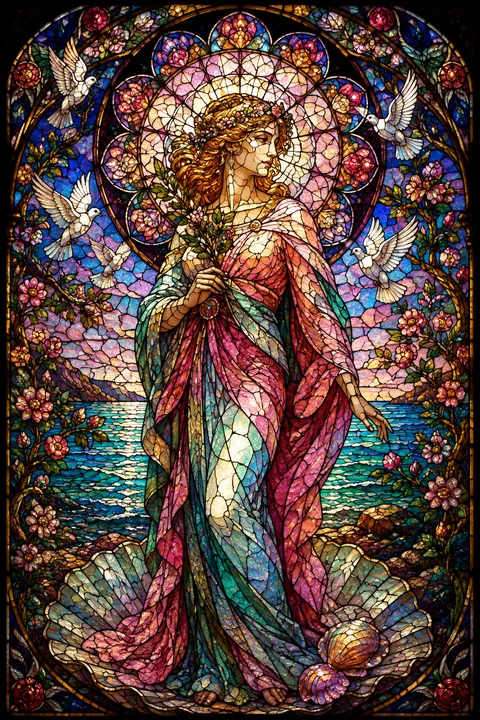 Stained glass interpretation of Aphrodite with myrtle, doves and an opalescent shore.