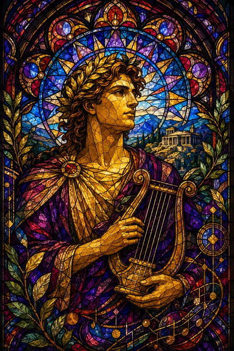 Stained glass interpretation of Apollo with a lyre, laurel leaves and a mountain sanctuary.