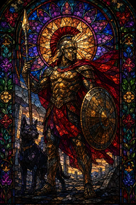 Stained glass interpretation of Ares with a bronze helmet, spear and round shield.