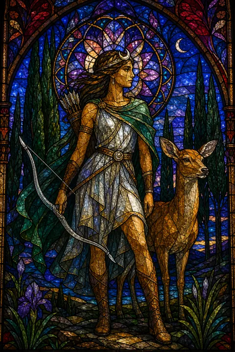 Stained glass interpretation of Artemis with a bow, a deer and a wild cypress forest.