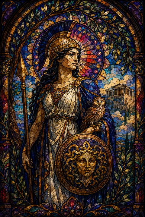 Stained glass interpretation of Athena with an owl, a crested helmet and olive branches.