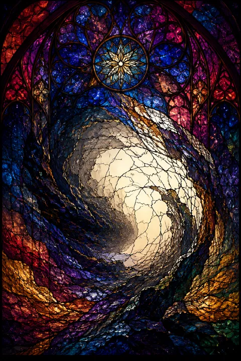Stained glass interpretation of Chaos with a primordial chasm and the first threads of light.