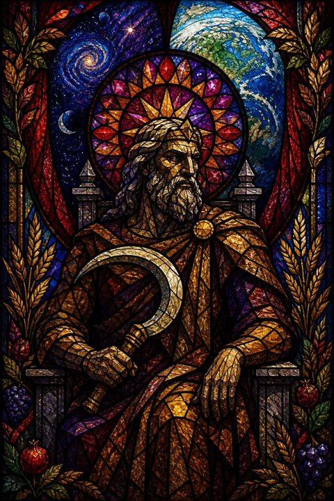 Stained glass interpretation of Cronus with a curved sickle and a stark stone throne.