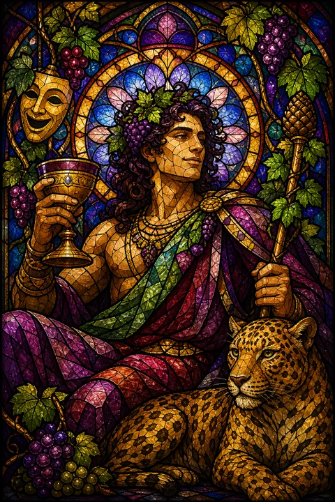 Stained glass interpretation of Dionysus with ivy, grapes, a thyrsus and a theatre mask.
