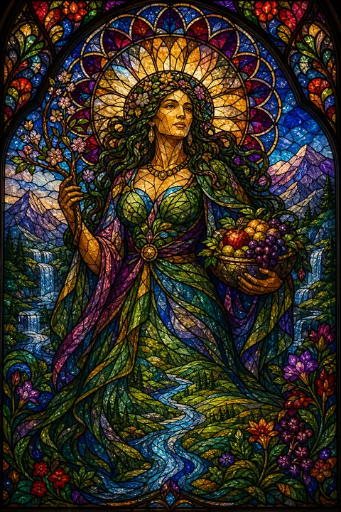 Stained glass interpretation of Gaia with fruit, mountains and a living forest.