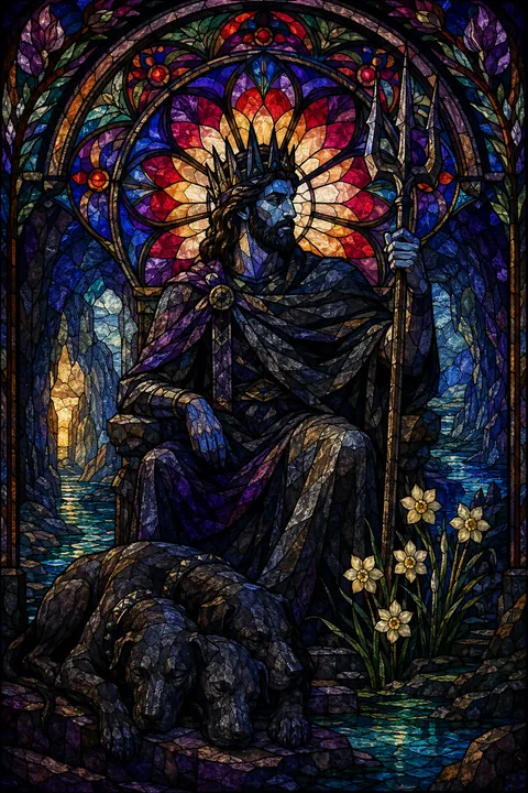 Stained glass interpretation of Hades with a bident, an underground river and three-headed Cerberus.