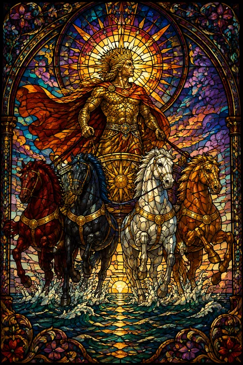 Stained glass interpretation of Helios with a radiant crown and a four-horse sun chariot.