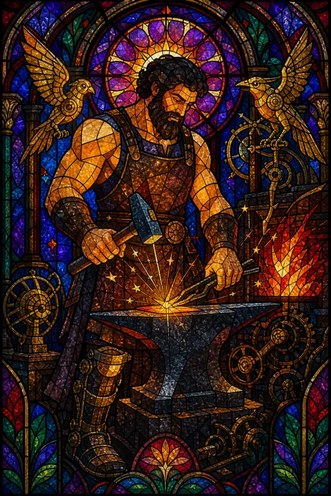 Stained glass interpretation of Hephaestus with an anvil, a hammer and intricate bronze inventions.