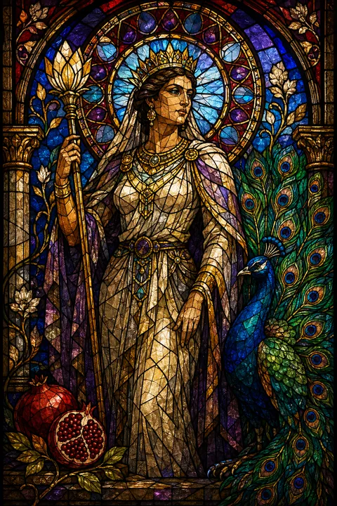 Stained glass interpretation of Hera with a peacock, a crown and a royal scepter.