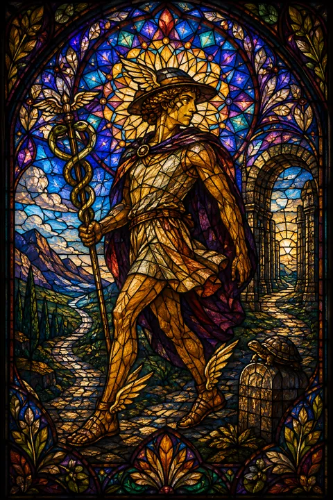 Stained glass interpretation of Hermes with winged sandals, a herald’s staff and a tortoise.