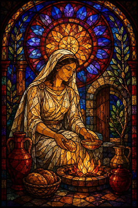 Stained glass interpretation of Hestia with a steady hearth flame, bread and terracotta vessels.