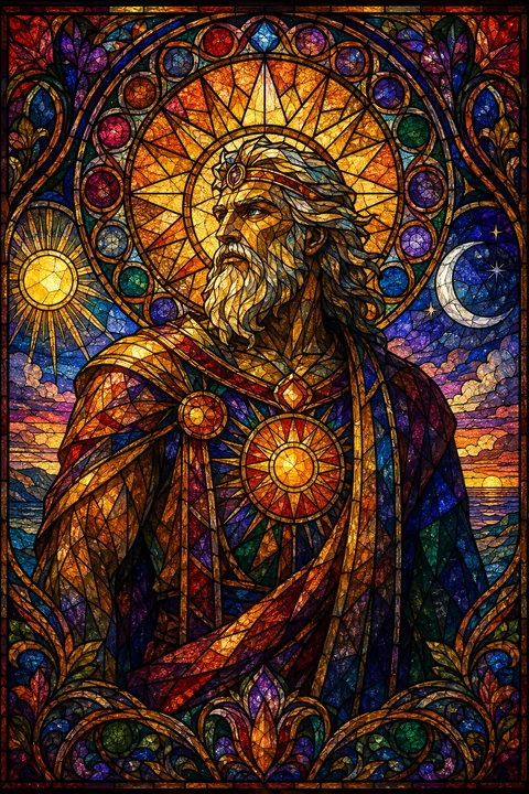 Stained glass interpretation of Hyperion with three celestial lights and a vast dawn horizon.