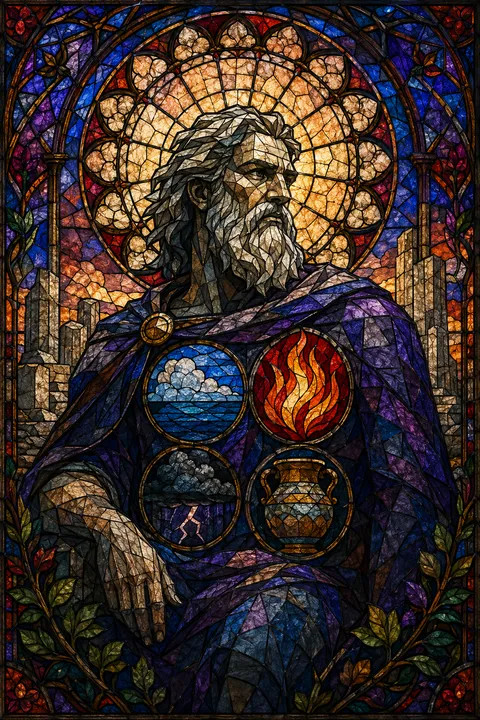 Stained glass interpretation of Iapetus with colossal stone columns and symbols of his Titan family.
