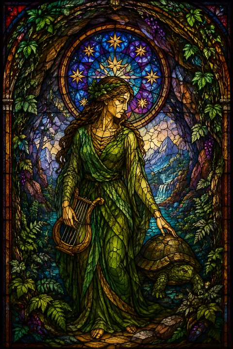 Stained glass interpretation of Maia with an Arcadian cave, a tortoise and distant stars.