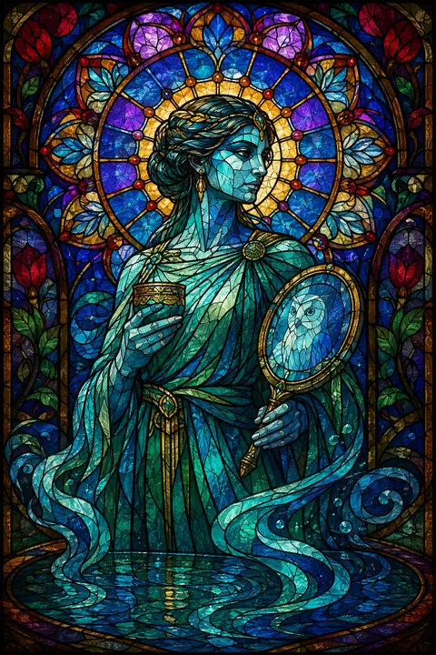 Stained glass interpretation of Metis with a medicinal cup, a mirror and winding water.