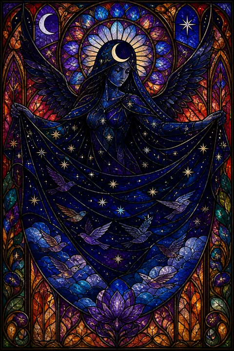 Stained glass interpretation of Nyx with a star-filled veil and dark wings.