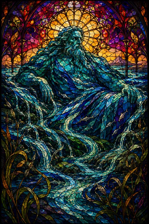Stained glass interpretation of Oceanus with an encircling river, reeds and silver fish.