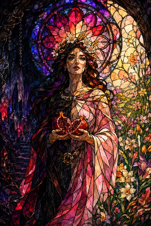 Stained glass interpretation of Persephone with a pomegranate and spring flowers beside a cavern.