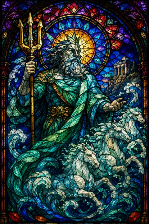 Stained glass interpretation of Poseidon with a trident, breaking waves and sea-foam horses.