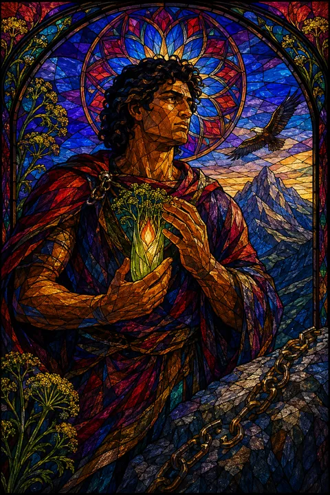 Stained glass interpretation of Prometheus with a fennel stalk carrying fire and a mountain chain.