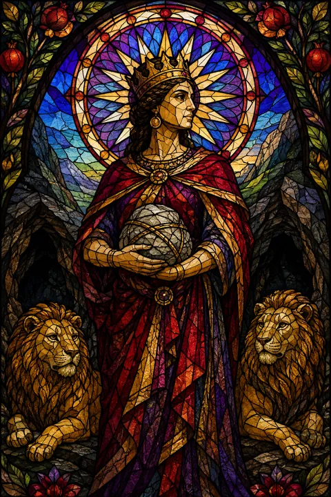 Stained glass interpretation of Rhea with lions, a mountain cave and a wrapped stone.