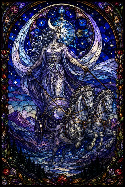 Stained glass interpretation of Selene with a crescent diadem and a moonlit chariot.