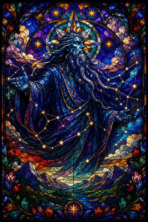 Stained glass interpretation of Uranus with a starry celestial dome above mountains.