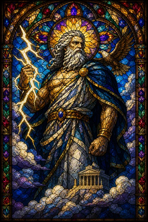 Stained glass interpretation of Zeus with an eagle and branching lightning.