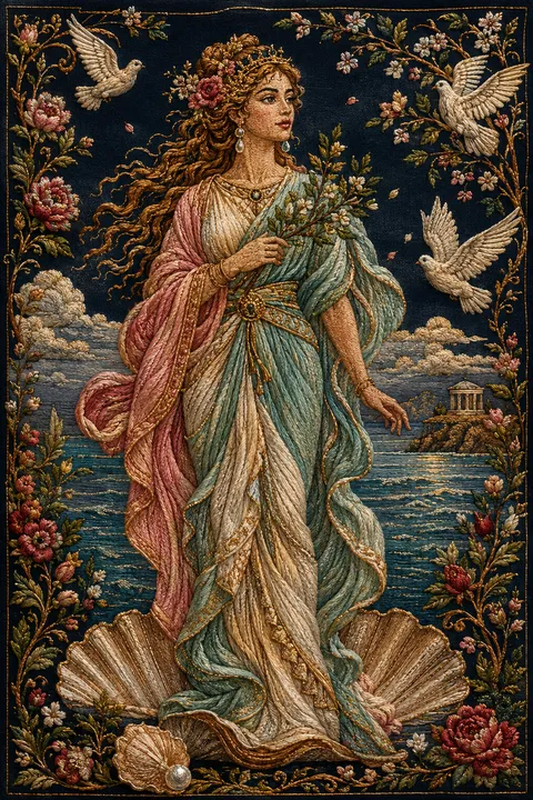 Embroidered tapestry interpretation of Aphrodite with myrtle, doves and an opalescent shore.