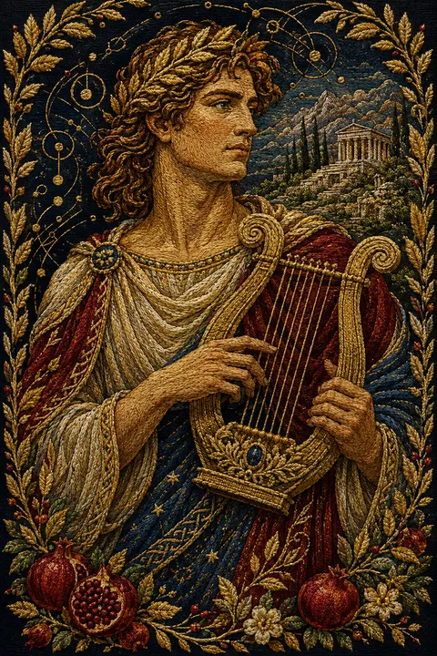 Embroidered tapestry interpretation of Apollo with a lyre, laurel leaves and a mountain sanctuary.