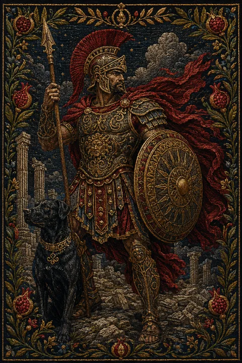 Embroidered tapestry interpretation of Ares with a bronze helmet, spear and round shield.