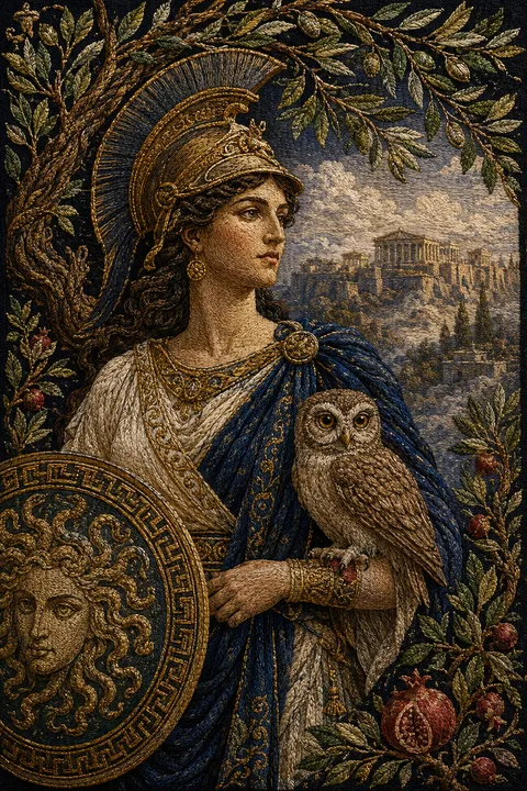 Embroidered tapestry interpretation of Athena with an owl, a crested helmet and olive branches.