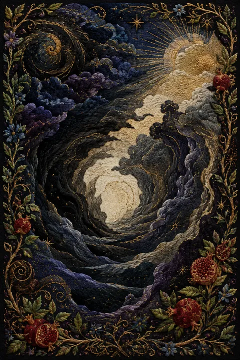 Embroidered tapestry interpretation of Chaos with a primordial chasm and the first threads of light.