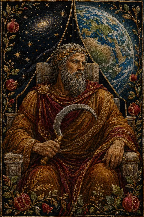 Embroidered tapestry interpretation of Cronus with a curved sickle and a stark stone throne.