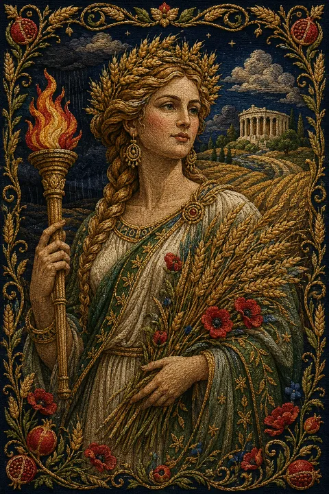 Embroidered tapestry interpretation of Demeter with wheat, poppies and a glowing torch.