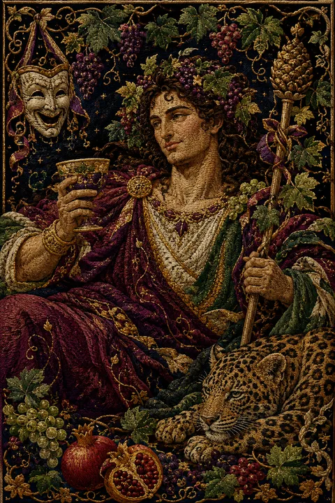 Embroidered tapestry interpretation of Dionysus with ivy, grapes, a thyrsus and a theatre mask.
