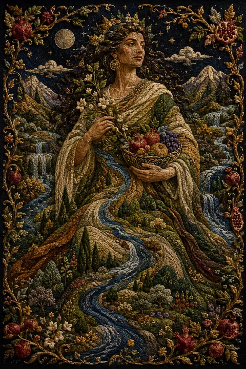 Embroidered tapestry interpretation of Gaia with fruit, mountains and a living forest.