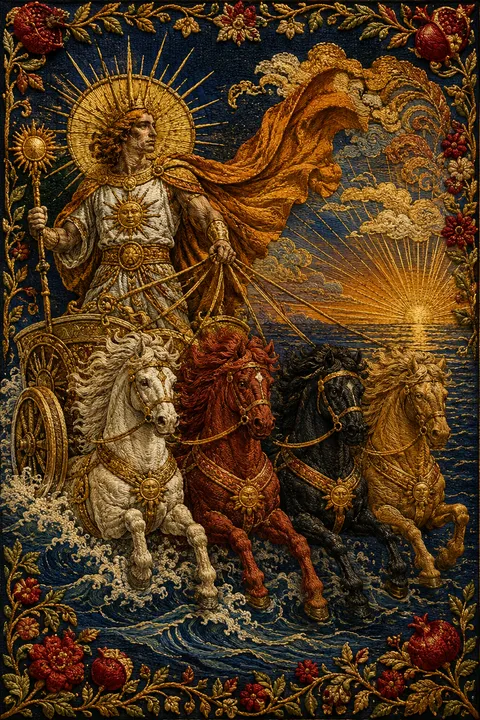 Embroidered tapestry interpretation of Helios with a radiant crown and a four-horse sun chariot.