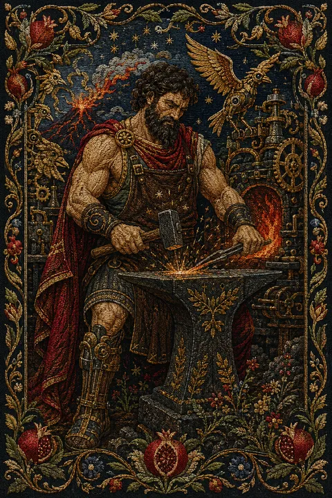 Embroidered tapestry interpretation of Hephaestus with an anvil, a hammer and intricate bronze inventions.