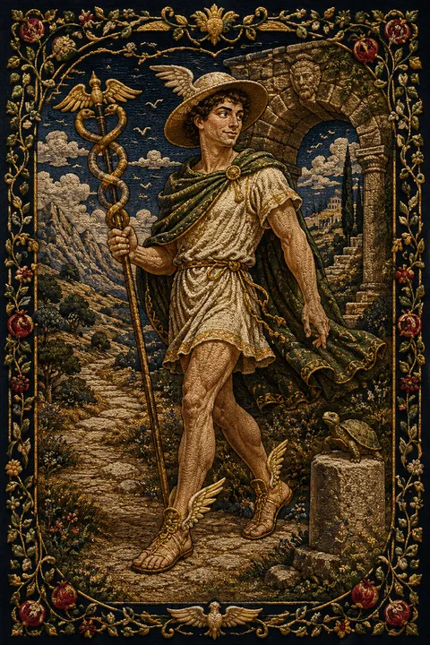 Embroidered tapestry interpretation of Hermes with winged sandals, a herald’s staff and a tortoise.