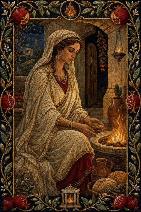 Embroidered tapestry interpretation of Hestia with a steady hearth flame, bread and terracotta vessels.