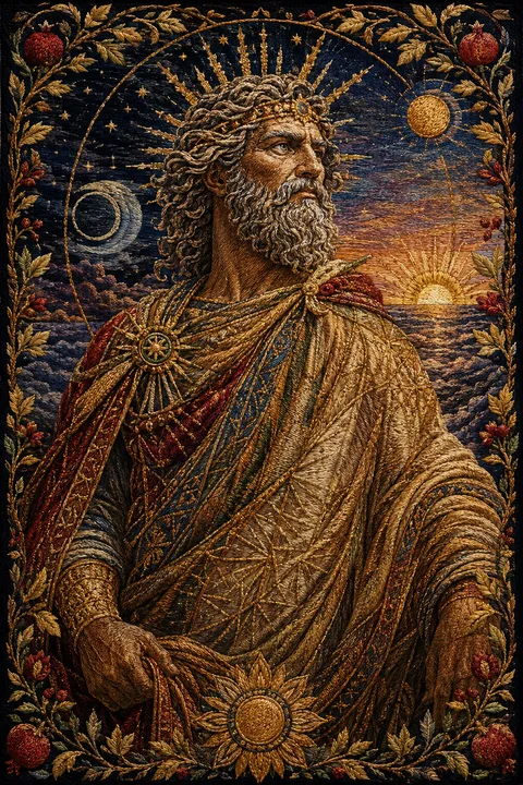 Embroidered tapestry interpretation of Hyperion with three celestial lights and a vast dawn horizon.