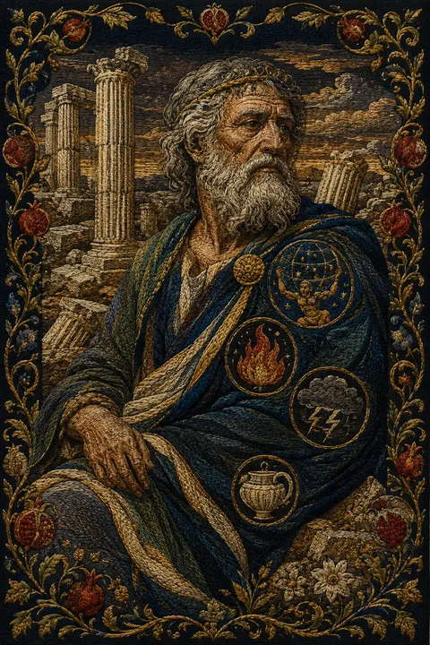 Embroidered tapestry interpretation of Iapetus with colossal stone columns and symbols of his Titan family.